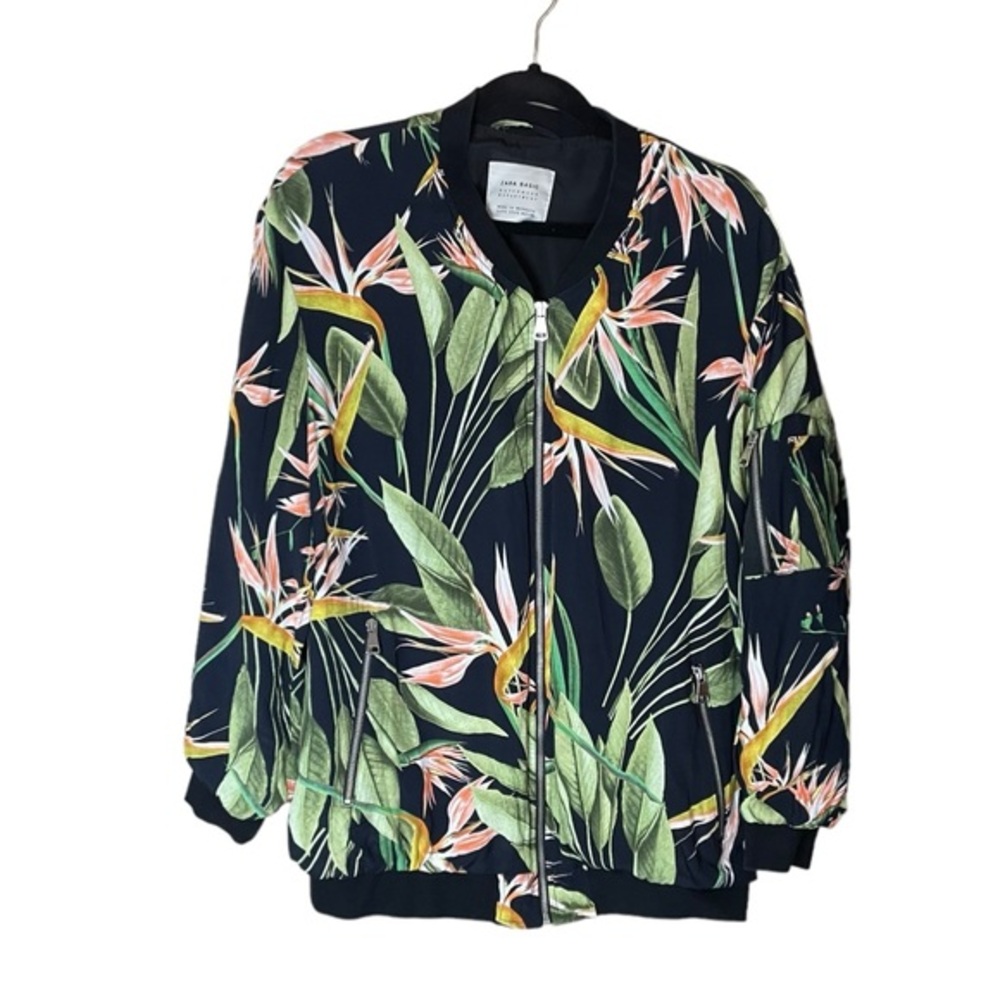 Zara Basic Tropical Floral Bird of Paradise Bomber Jacket Women’s Size Large